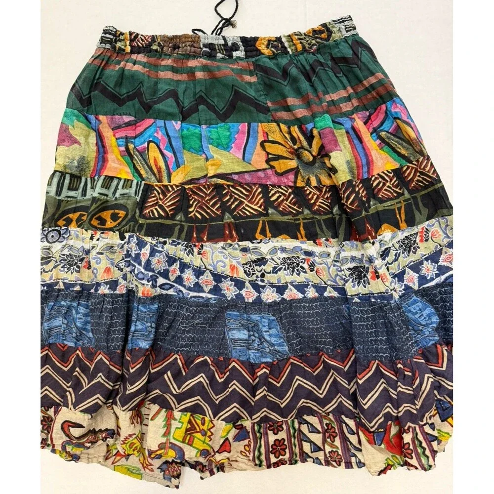 Patchwork Midi Skirt India One Size Mixed Prints Drawstring S M L XL Boho Cotton